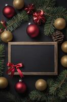 Festive Christmas Ornaments and Chalkboard Frame for Holiday Greetings Message photo