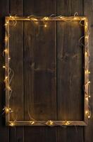 Wooden Frame with Warm String Lights on Dark Wood Wall photo