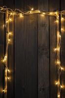 String Lights Frame on Rustic Wood Background for Festive Celebrations photo