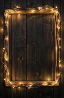 Glowing Lights Frame on Dark Wooden Background for Festive Decoration photo