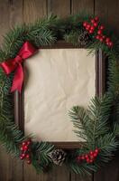 Festive Christmas Garland Frame with Berries and Ribbon on Wood photo