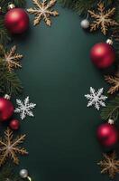 Christmas Decoration Background with Ornaments, Snowflakes and Green Pine Branches photo