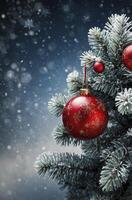 Decorated Christmas Tree with Red Ornaments and Falling Snow Festive Holiday photo