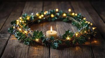 Burning Candle with Holly Wreath and Lights on Wood Table photo