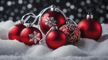 Festive Red Christmas Ornaments on Snow with Bokeh Background for Holiday Season photo