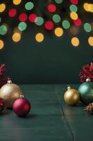 Christmas Ornaments and String Lights Festive Holiday Background Still Life photo