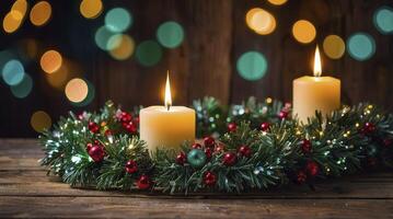Burning Candles in Advent Wreath on Wood Table with Bokeh Lights photo