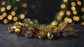 Festive Christmas Decoration with Golden Fir Branches and Pine Cones photo