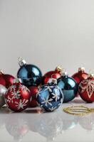 Arrangement of Christmas Ornaments with Chain and Decorations on White photo