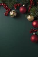 Christmas Ornaments and Evergreen Branches on Dark Green Background Holiday Decor photo