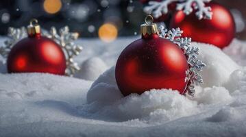 Red Christmas Ornaments on Snow with Snowflake Decorations Festive Holiday Scene photo