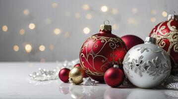 Festive Christmas Ornaments Still Life with Red and Silver Decorations photo