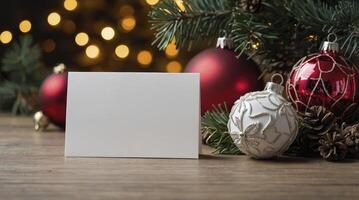 Christmas Card Mockup with Festive Decorations and Bokeh Background photo