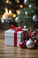 Christmas Gift Box with Ornaments Under a Decorated Tree Holiday Scene photo