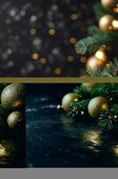 Festive Christmas Tree Ornaments and Greenery with Bokeh Lights Background photo