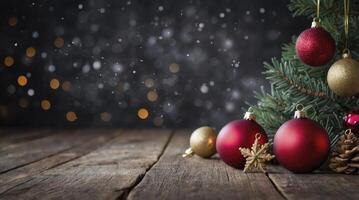 Christmas Ornaments on Wooden Table with Bokeh Lights and Snowflakes photo