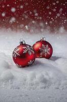 Festive Red Christmas Ornaments with Snowflake Design in a Snowy Scene photo