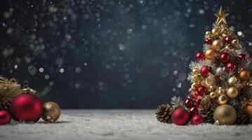 Decorated Christmas Tree and Gift with Bokeh Lights on Snowy Surface photo