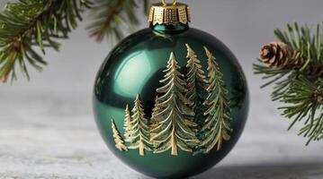 Green Christmas Ornament with Golden Trees and Pine Branches Decoration photo