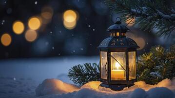 Glowing Lantern in Snow with Candle and Pine Boughs for Winter photo