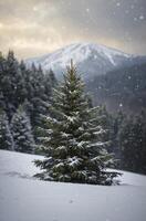 Lone Fir Tree in Snowy Mountain Landscape During Winter Snowfall photo