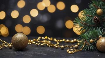 Arranging Gold Christmas Ornaments and Beads with Lights for Decoration photo