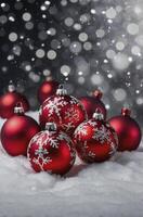 Festive Red Christmas Ornaments with Snowflake Designs in Snowy Scene photo