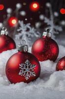 Festive Red Christmas Ornaments with Silver Snowflake in Winter Snow photo