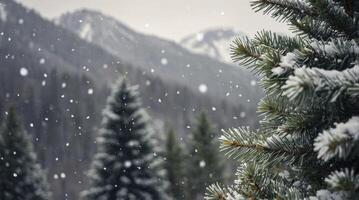 Snow Falling in Mountain Forest with Evergreen Tree in Foreground photo