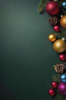 Christmas Ornaments and Pine Branch Arrangement on Dark Green Background photo