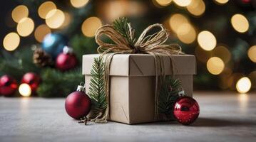 Opening Christmas Gift with Baubles and Festive Lights Bokeh Background photo