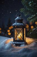 Illuminated Lantern with Candle on Snow at Night with Pine Branch photo