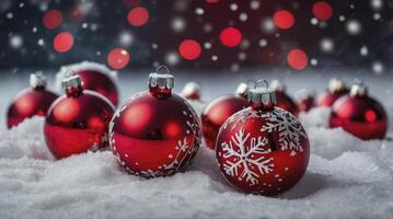 Red Christmas Ornaments on Snow with Bokeh Lights Festive Scene photo