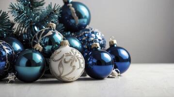Shiny Blue Christmas Ornaments with Decorative Stars Still Life Display photo
