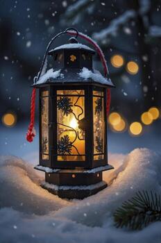 Glowing Lantern in Winter Snowfall Creating a Cozy Holiday Atmosphere photo