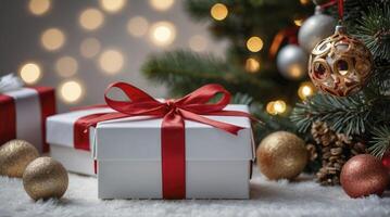 Christmas Presents with Red Ribbon and Ornaments Under Decorated Tree photo