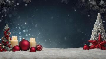 Christmas Decorations with Red Ornaments Candles and Trees on Snowy Background photo