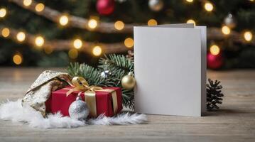 Christmas Card Mockup with Gift and Festive Holiday Decorations Scene photo