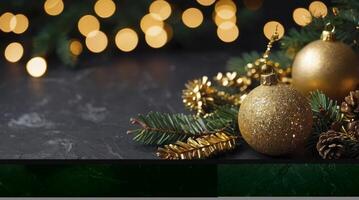 Elegant Christmas Ornaments and Evergreen Branches on Dark Background with Bokeh photo