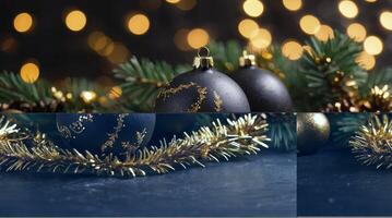 Festive Black Christmas Ornaments with Golden Accents and Garland Decoration photo