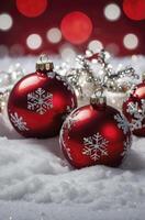 Red Christmas Ornaments on Snow with Bokeh Lights Background Holiday Season photo