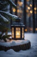 Glowing Lantern and Snowy Evergreen Bough on a Winter Night photo