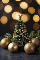 Festive Christmas Tree and Golden Ornaments with Bokeh Lights Background photo