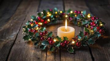 Burning Candle with Holly Wreath and String Lights on Wooden Table photo