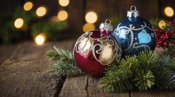Festive Christmas Ornaments on Rustic Wood with Bokeh Lights Backdrop photo