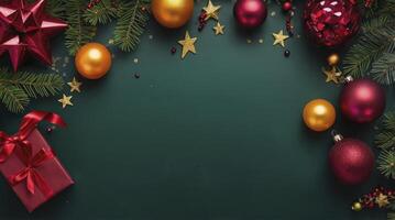 Festive Christmas Ornaments and Gift on Dark Green Background Flat Lay photo