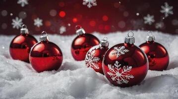Red Christmas Ornaments on Snow with Snowflake Detail and Bokeh Background photo