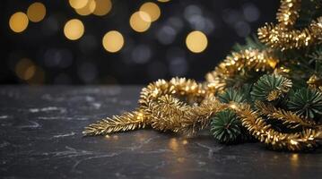 Festive Christmas Tree Decoration with Golden Garland and Bokeh Lights photo