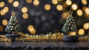 Festive Christmas Tree Ornaments with Golden Garland and Bokeh Background photo