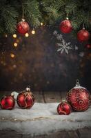 Festive Red Christmas Ornaments with Pine Branch and Bokeh Lights photo